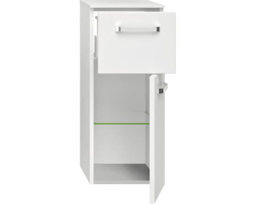 Weißer Waschtischunterschrank mit Schublade und Tür sowie Glaseinlegeboden.