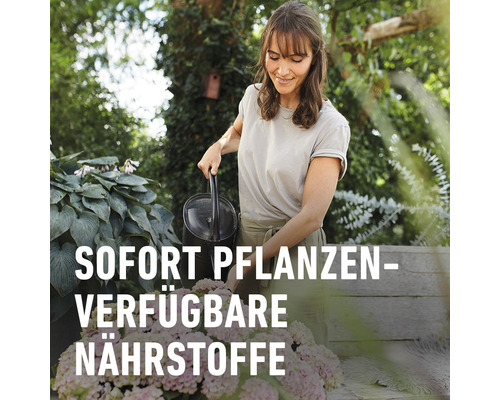 Frau gießt Pflanzen im Garten mit einer Gießkanne