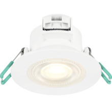 Runder LED-Einbaustrahler in Weiß mit seitlichen Befestigungsklammern für die Deckenmontage.