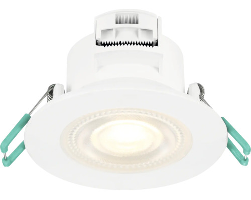 Runder LED-Einbaustrahler in Weiß mit seitlichen Befestigungsklammern für die Deckenmontage.