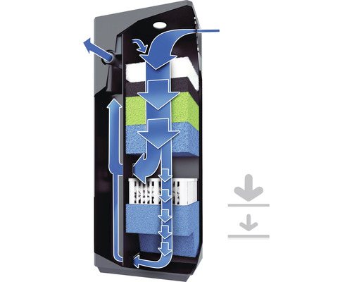 Aquariumfilter mit schematischer Darstellung des Wasserflusses