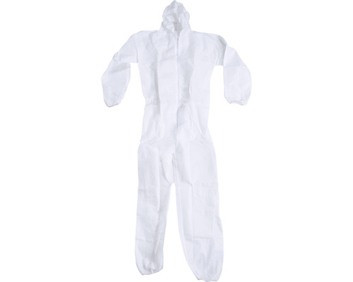 Weißer Schutzoverall mit Kapuze.