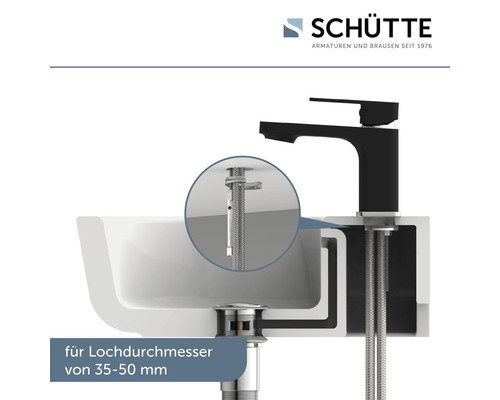 Schütte Logo. Detailansicht des Waschbeckenablaufs mit Wasserhahn für ein Lochdurchmesser von 35 bis 50 Millimeter.