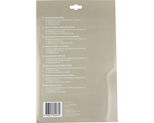 Lasurpinsel Set, sechsteilig, mit vier Flachpinseln, einem Rührquirl und einem Farbdosenöffner