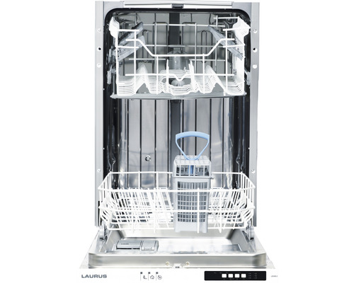 Innenansicht eines Geschirrspülers mit Geschirrkörben und Filter