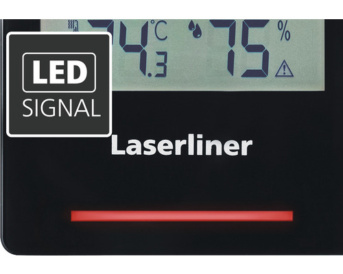 Laserliner Logo. LED Signal Anzeige. Temperatur und Luftfeuchtigkeit werden angezeigt.
