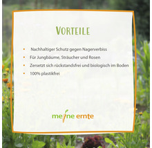 Vorteile: Nachhaltiger Schutz gegen Nagerverbiss, für Jungbäume, Sträucher und Rosen, zersetzt sich rückstandsfrei und biologisch im Boden, 100 Prozent plastikfrei. Meine Ernte Logo.