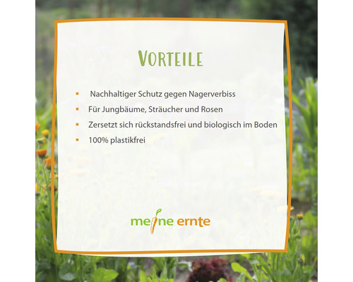 Vorteile: Nachhaltiger Schutz gegen Nagerverbiss, für Jungbäume, Sträucher und Rosen, zersetzt sich rückstandsfrei und biologisch im Boden, 100 Prozent plastikfrei. Meine Ernte Logo.