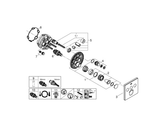 Explosionszeichnung eines Badezimmerarmaturen-Montagesatzes mit verschiedenen Komponenten