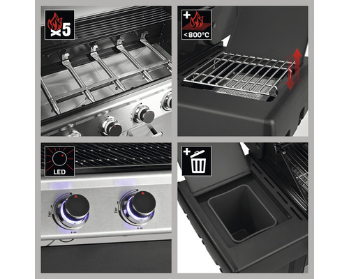 Detailansichten eines Gasgrills, die die Brenner, die Temperatureinstellung, die LED-Beleuchtung und den Abfallbehälter zeigen