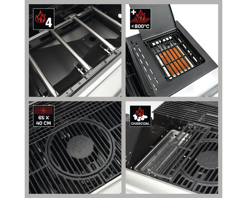 Detailansichten eines Grills mit vier Brennern, Infrarotfunktion bis 800 Grad Celsius, Grillfläche von 65 x 40 cm und Holzkohlefunktion.