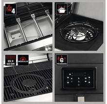 Detailansicht eines Gasgrills mit vier Brennern, Kochfeld, Grillrost mit Modulus System und digitalem Bedienfeld mit sechs Programmen.