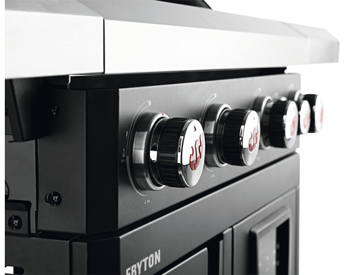 Detailansicht eines Gasgrills mit mehreren Drehknöpfen zur Steuerung der Hitze