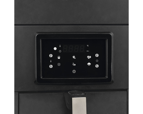 Bedienfeld einer Fritteuse mit Display, Temperaturanzeige und verschiedenen Symbolen fuer Einstellungen.