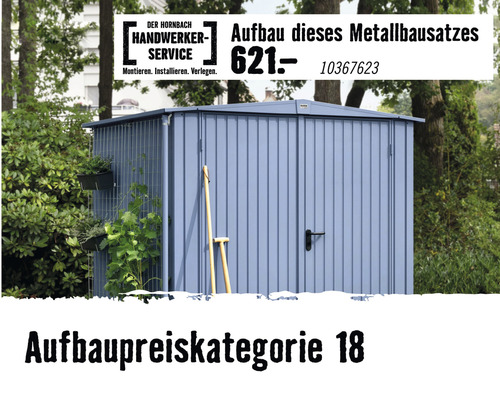 Metall Gerätehaus mit Anbau und Gartengeräten