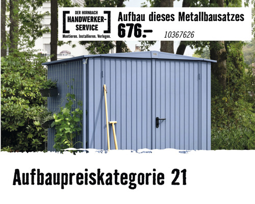 Metall Gerätehaus mit Anbauelementen und Gartengeräten