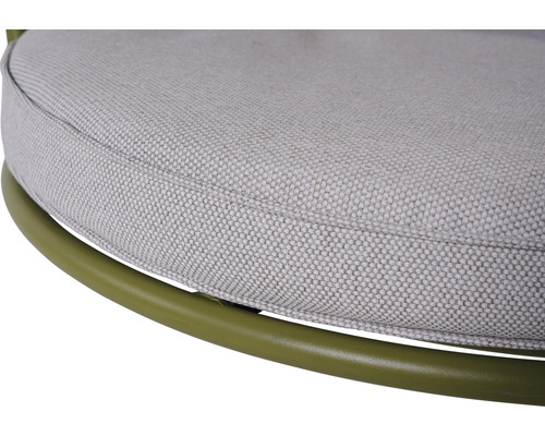 Detailansicht eines runden Stuhlkissens mit grünem Metallgestell