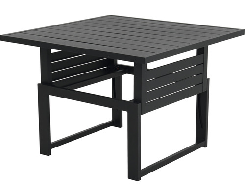Quadratischer Gartentisch mit Lamellendesign aus Metall.