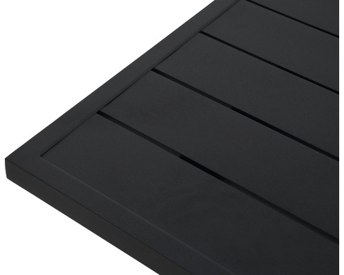 Detailansicht einer schwarzen Tischplatte mit Lattenstruktur