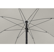 Ansicht von unten eines geöffneten Sonnenschirms mit Streben und Mast