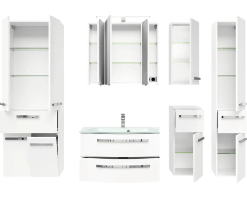 Badezimmermöbelset mit Waschbecken, Spiegelschrank und Hochschränken