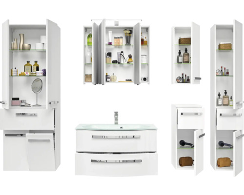 Badezimmer-Set mit Waschbeckenunterschrank, Spiegelschrank und Hochschränken in Weiß