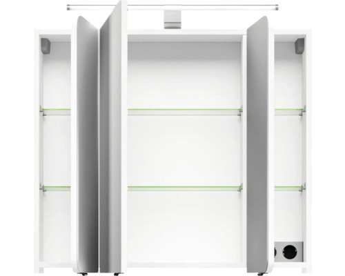 Offener Spiegelschrank mit Regalböden und Beleuchtung