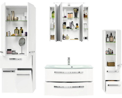 Badezimmerensemble mit Waschbeckenunterschrank, Spiegelschrank und Hochschränken