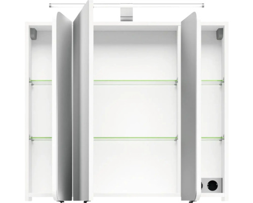 Weißer Spiegelschrank mit geöffneten Türen und Glasablagen.