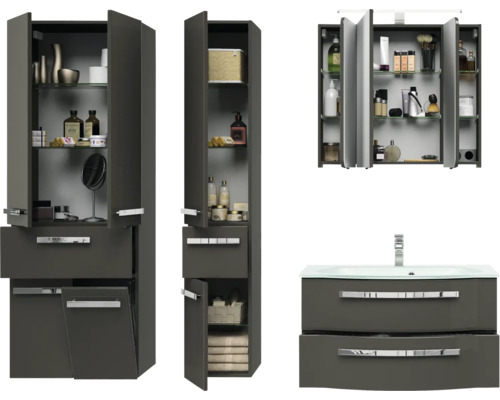 Badezimmerset mit Waschtischunterschrank, Spiegelschrank und Hochschrank