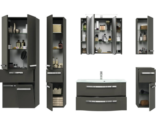 Komplette Badezimmereinrichtung mit Waschtischunterschrank, Spiegelschrank und Hochschrank