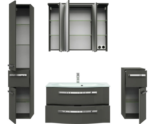 Badezimmermöbelset mit Waschtisch, Spiegelschrank und Seitenschränken