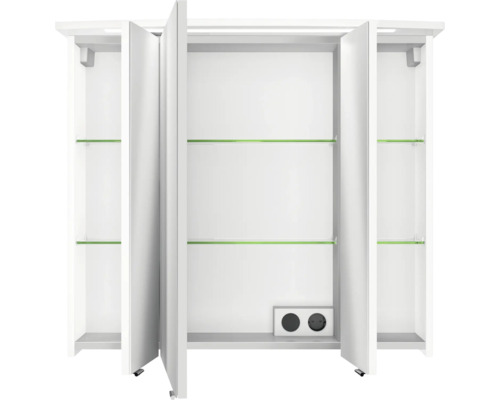 Offener Spiegelschrank mit Glasablagen und Steckdosen