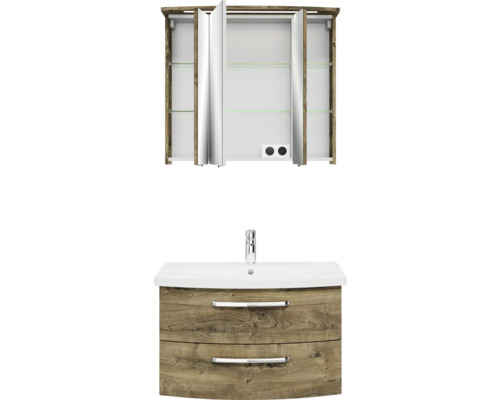 Waschbeckenunterschrank mit zwei Schubladen und Spiegelschrank mit drei Türen für Badezimmer