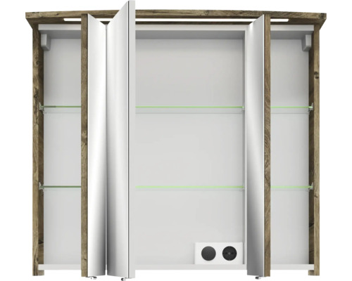 Offener Spiegelschrank mit Holzelementen und Glasböden