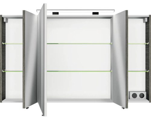 Spiegelschrank mit drei Türen, Glasablagen und Steckdosen