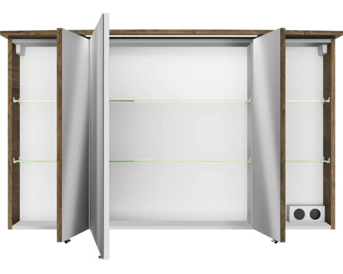 Offener Spiegelschrank mit Einlegeböden und Steckdosen