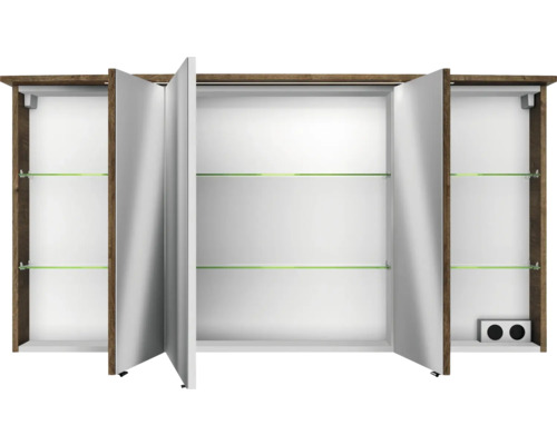 Offener Spiegelschrank mit Glasablagen und Holzrahmen