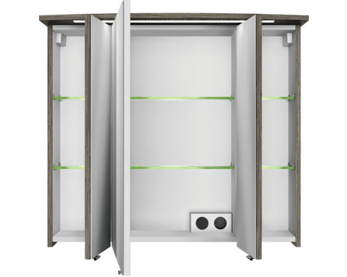 Offener Spiegelschrank mit drei Türen, Glasablagen und Steckdosen