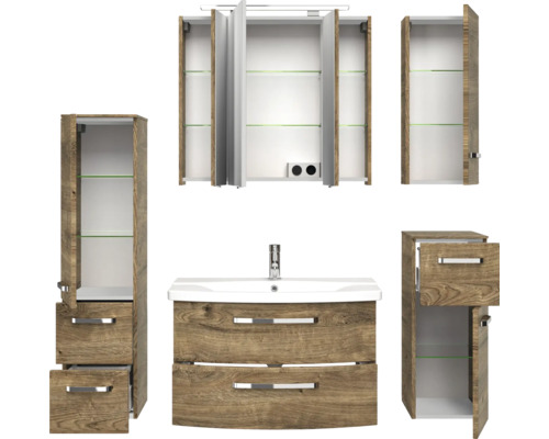 Badezimmermöbel-Set mit Waschbecken, Spiegelschrank und Hochschränken