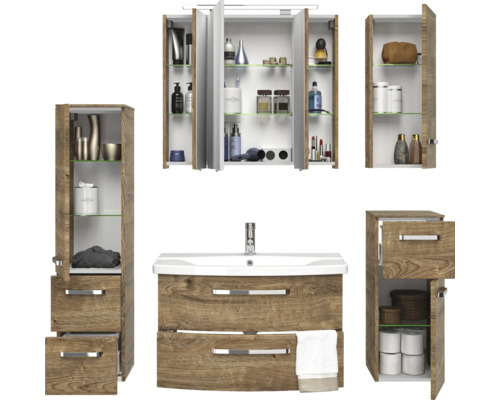 Badezimmer-Set mit Waschtischunterschrank, Spiegelschrank und Hochschränken für zusätzlichen Stauraum