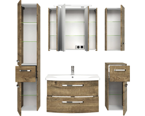 Badezimmermöbelset mit Waschtisch, Spiegelschrank und Hochschränken im Holzdekor