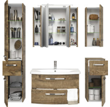 Badezimmer Set mit Waschtisch, Spiegelschrank und Hochschränken im Holzdesign