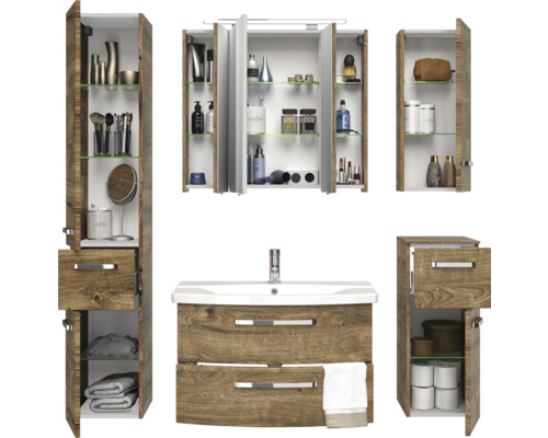 Badezimmer Set mit Waschtisch, Spiegelschrank und Hochschränken im Holzdesign