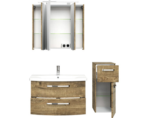 Badezimmerset mit Waschbeckenunterschrank, Spiegelschrank und Seitenschrank