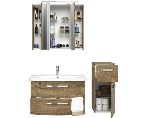 Badezimmer-Set mit Spiegelschrank, Waschtisch und Seitenschrank in Holzoptik