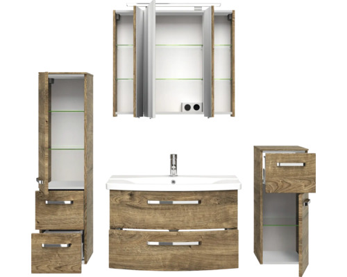 Komplette Badezimmereinrichtung mit Waschtisch, Spiegelschrank und Hochschränken in Holzoptik