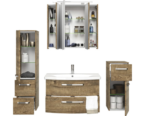 Badezimmer Set mit Waschtisch, Spiegelschrank und zwei Hochschränken in Holzoptik