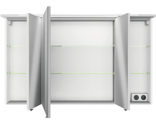 Offener Spiegelschrank mit drei Türen und Glasablagen für das Badezimmer