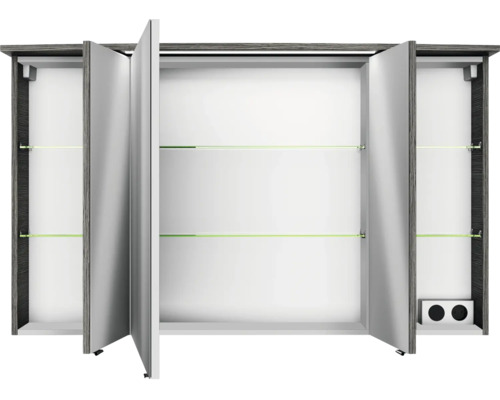 Offener Spiegelschrank mit Glasablagen und Holzoptik